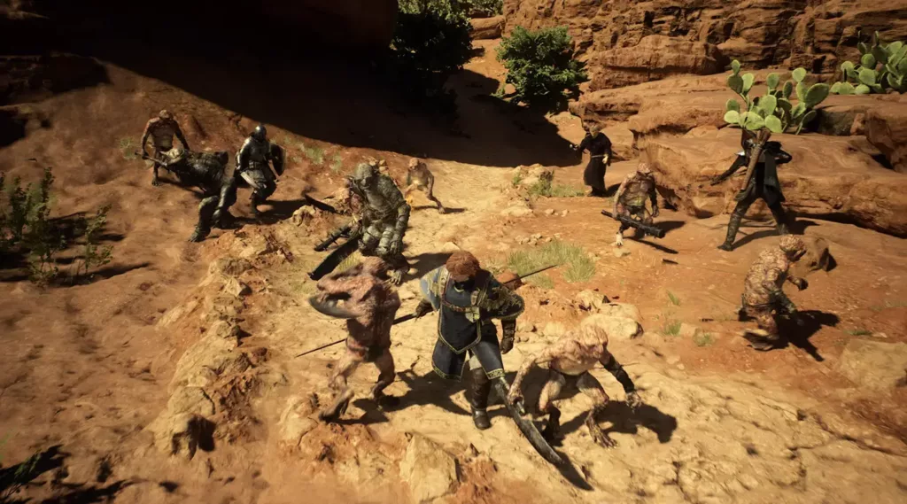Screenshot of knights fighting monsters in Dragon’s Dogma 2.