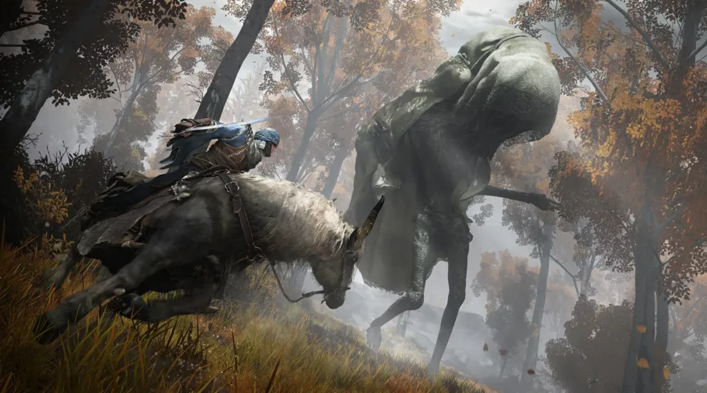 Warrior riding a horse through a forest battling a monster in Elden Ring.