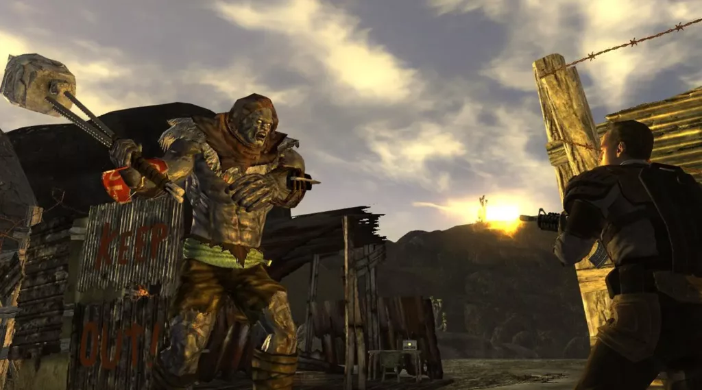 Player shooting a monster in Fallout: New Vegas.