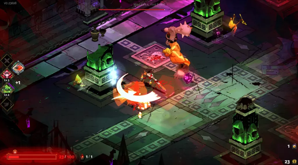 Screenshot of Zagreus in combat in Hades.