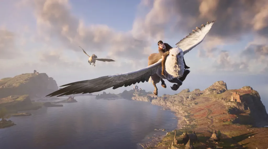 Character riding a Hippogriff in Hogwarts Legacy.
