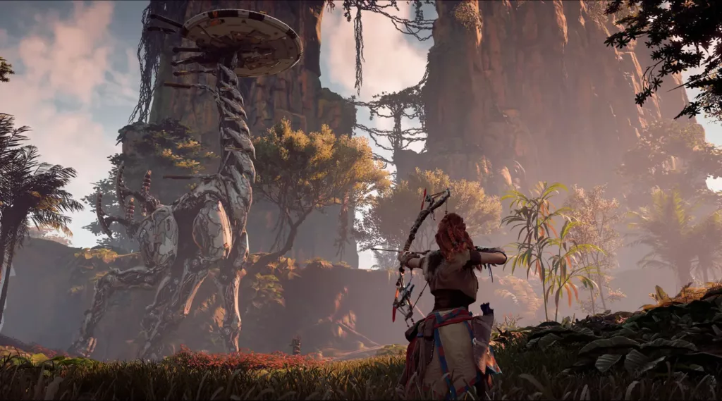 Aloy drawing her bow and arrow aiming at a Tallneck in Horizon Zero Dawn.