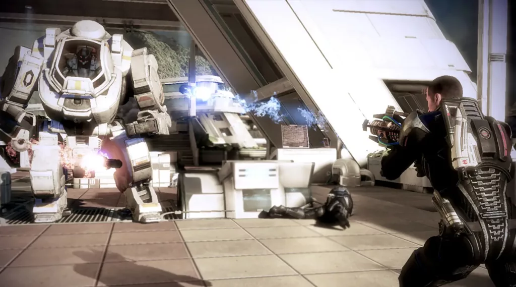 Player fighting a mech in Mass Effect 3.