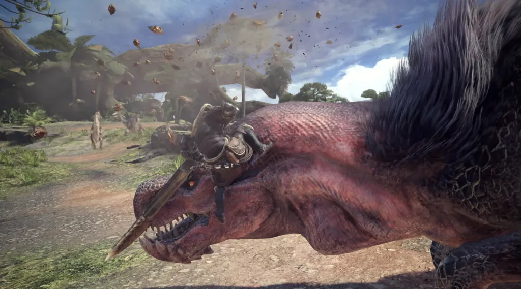 Player fighting a monster in Monster Hunter: World.