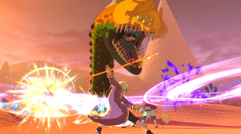 Two characters fighting a serpent monster in Ni no Kuni II: Revenant Kingdom.