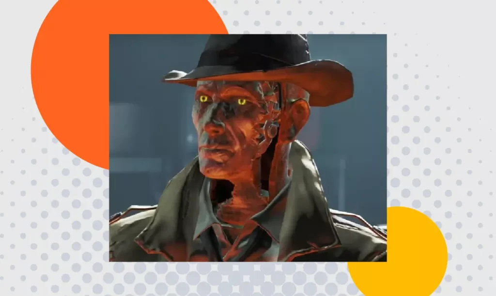 Screenshot from Fallout 4 depicting Nick Valentine, one of the recruitable companions.