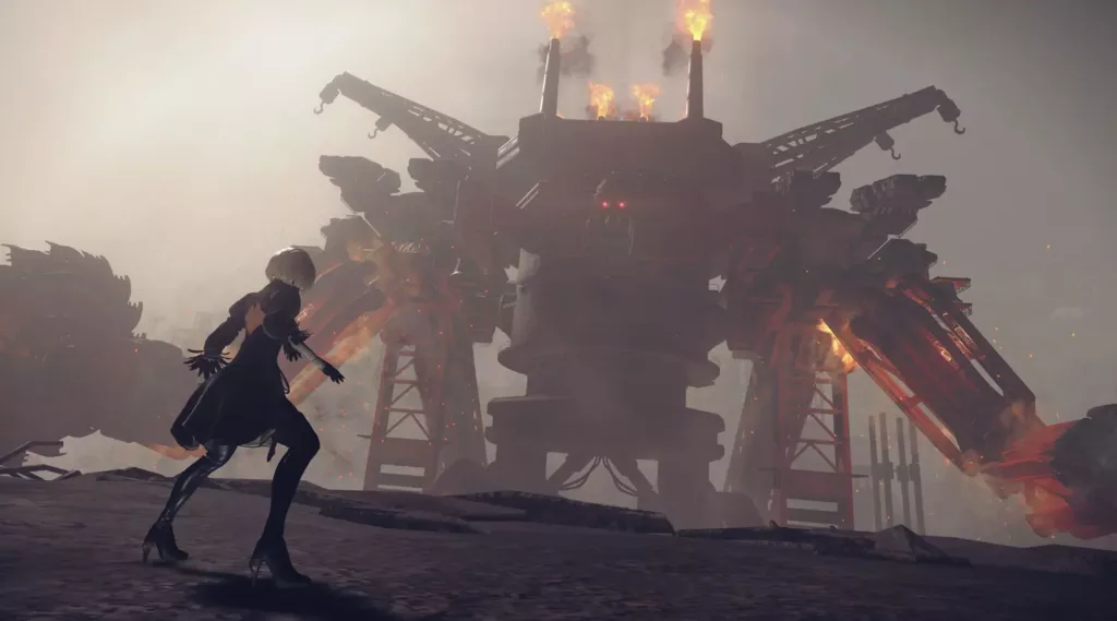 Player looking at a giant robot in NieR: Automata.