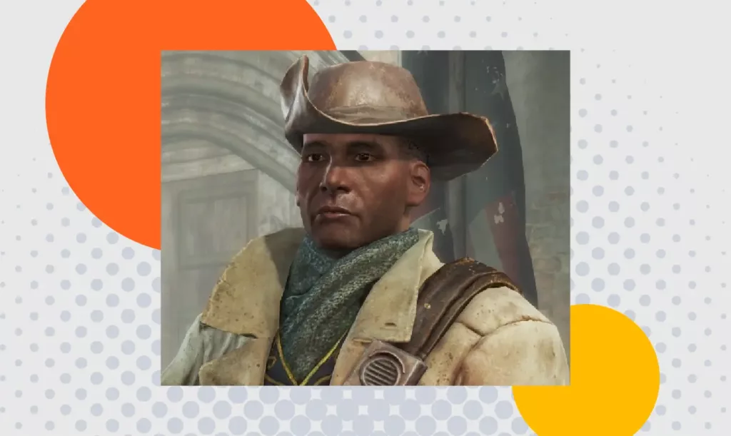 Screenshot from Fallout 4 depicting Preston Garvey, one of the recruitable companions.