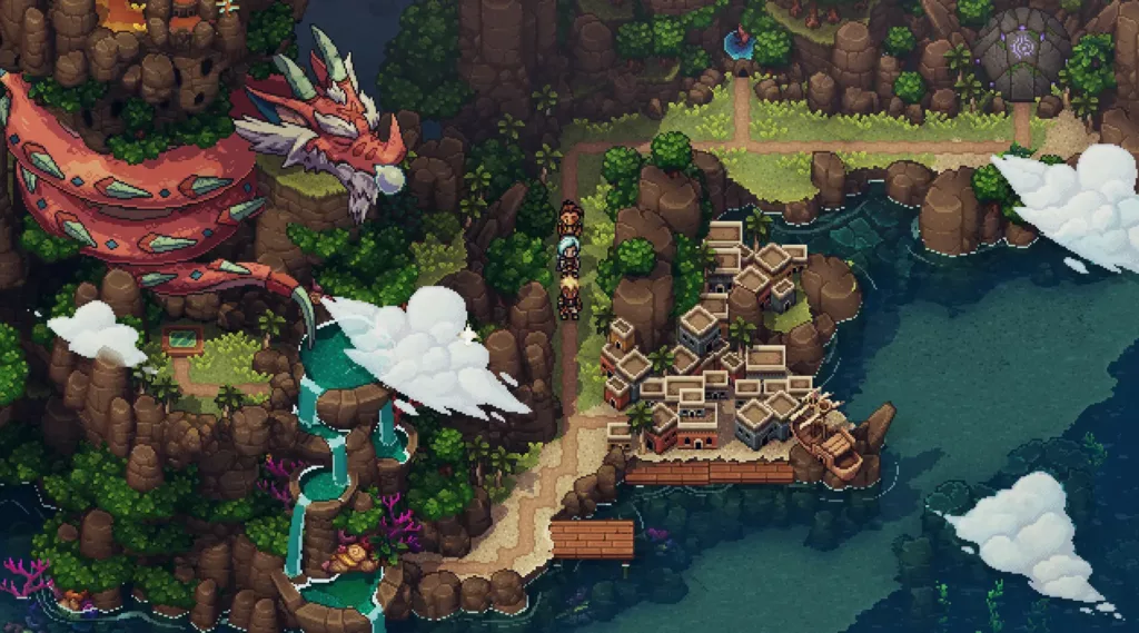 Screenshot of a dragon sleeping by a pier in Sea of Stars.