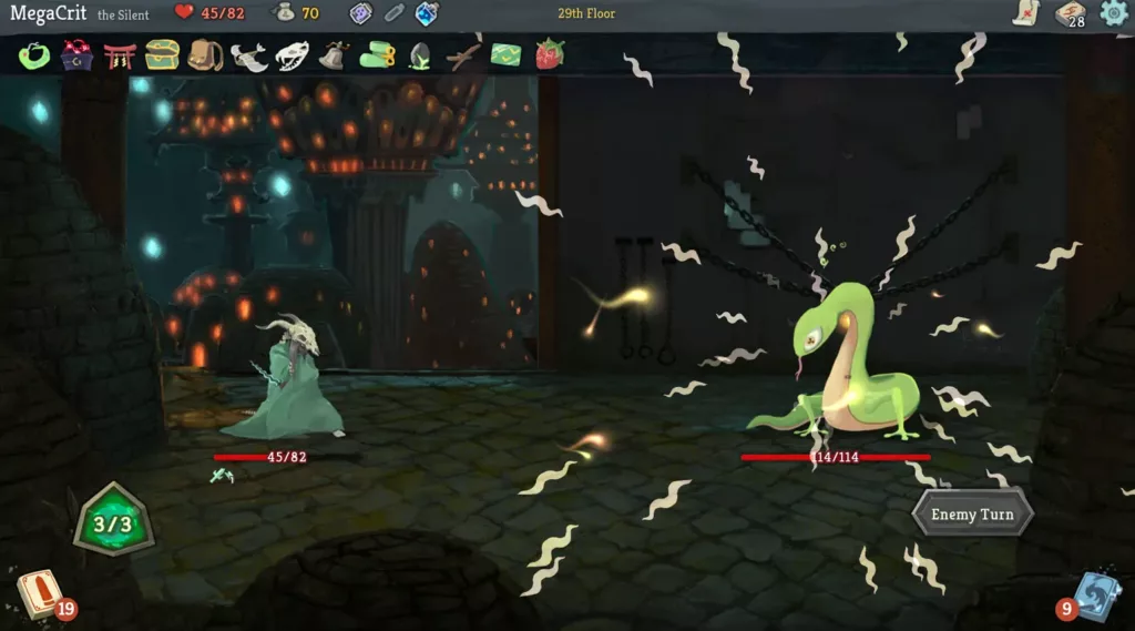 Screenshot of a battle in Slay the Spire.