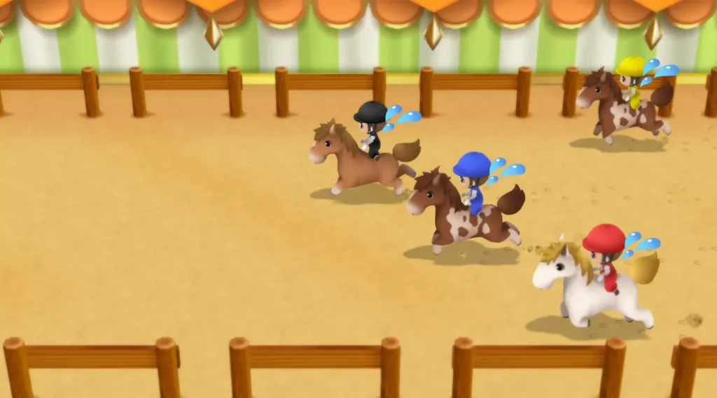 Screenshot of a horse race in Story of Seasons: Friends of Mineral Town.