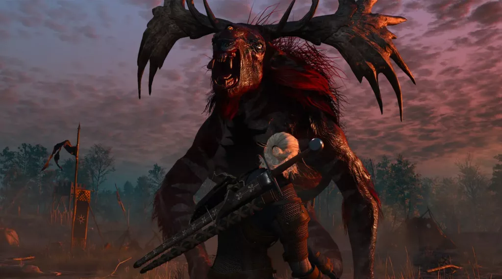 Geralt fighting a Leshen in The Witcher 3: Wild Hunt.
