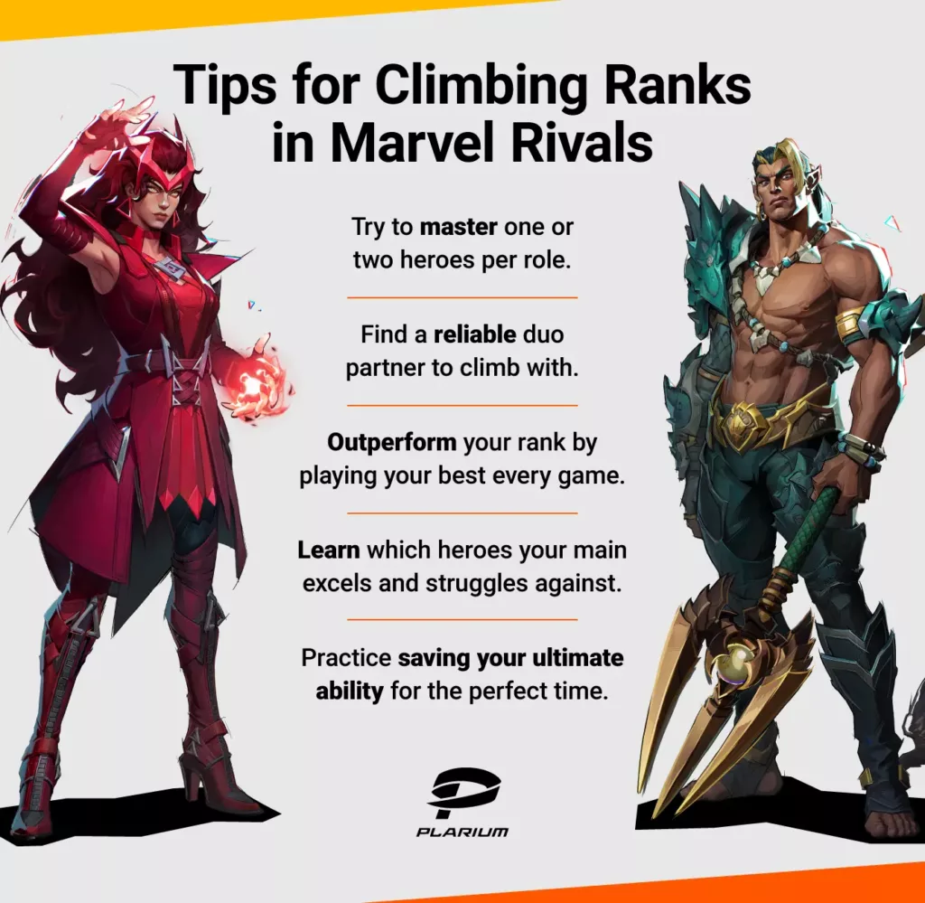 Graphic with five tips for climbing ranked in Marvel Rivals.