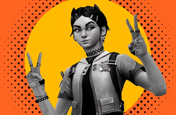 Graphic of the Valorant agent Clove holding up peace signs with her hands.