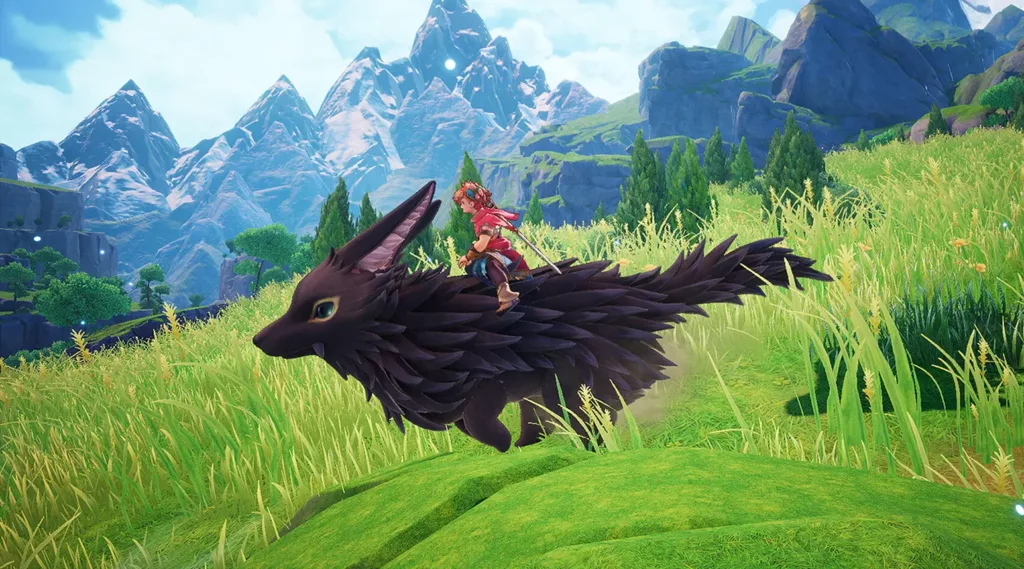 Player riding a wolf-bird creature in Visions of Mana.