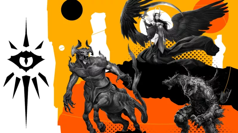 Image depicting different Warlocks from the tabletop game Dungeons and Dragons, with the Warlock emblem at the center.