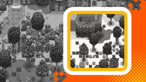 A top-down view of a Stardew Valley farm, featuring crops, trees, a farmhouse, and a waterfall.