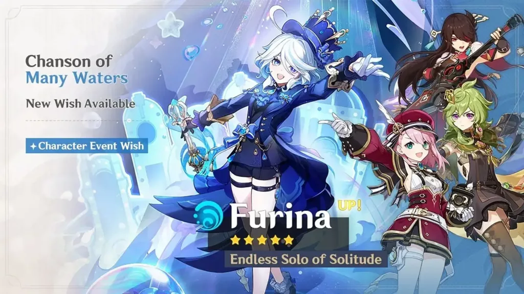 A screenshot of the Genshin Impact banner, Chanson of Many Waters.