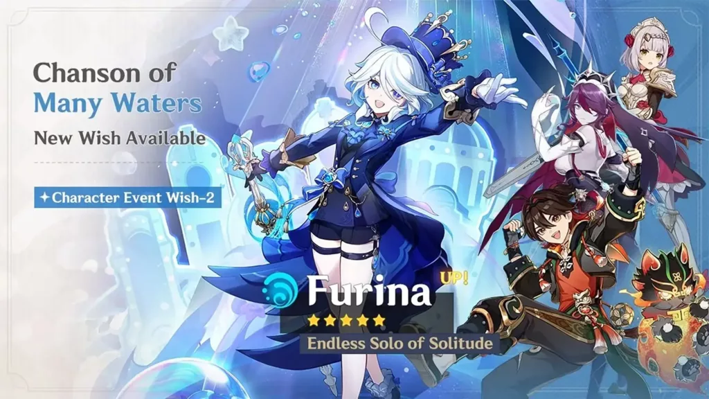 A screenshot of the Genshin Impact banner, Chanson of Many Waters