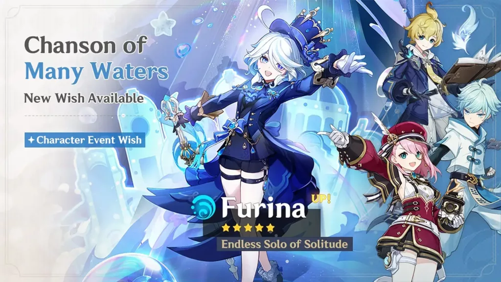 A screenshot of the Genshin Impact banner, Chanson of Many Waters.