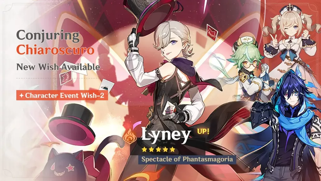 A screenshot of the Genshin Impact banner, Conjuring Chiaroscuro.