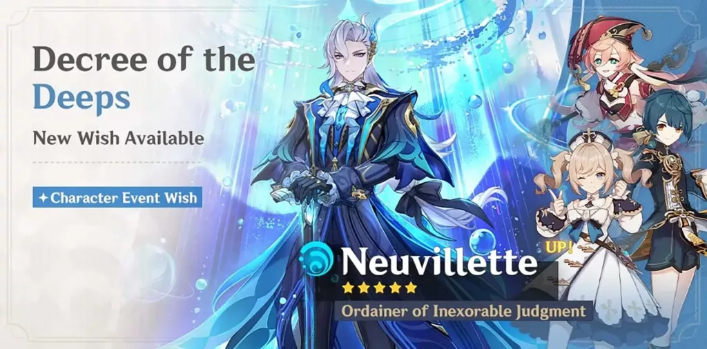 A screenshot of the Genshin Impact banner, Decree of the Deeps.