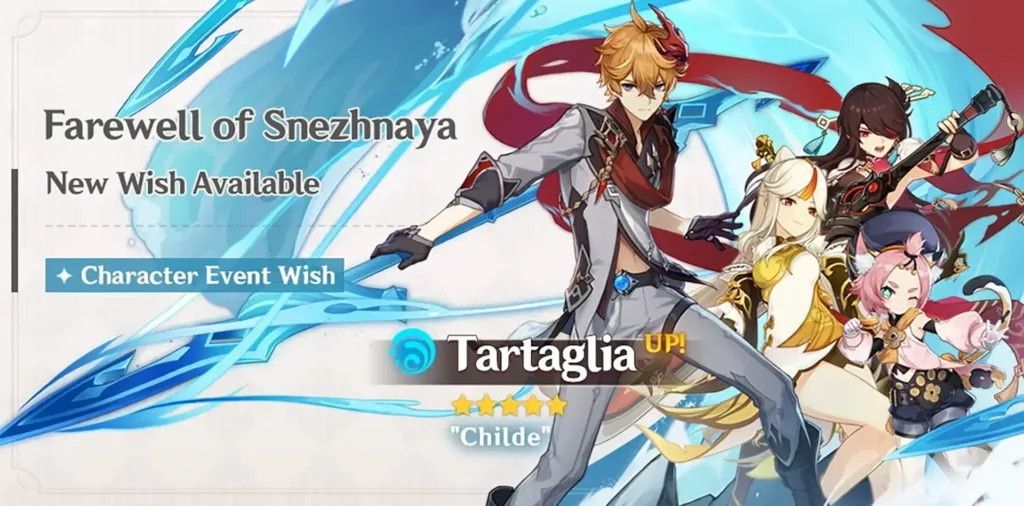 A screenshot of the Genshin Impact banner, Farewell of Snezhnaya