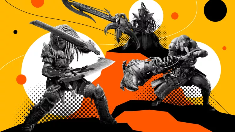 Illustration with various Monster Hunter Wilds weapons.