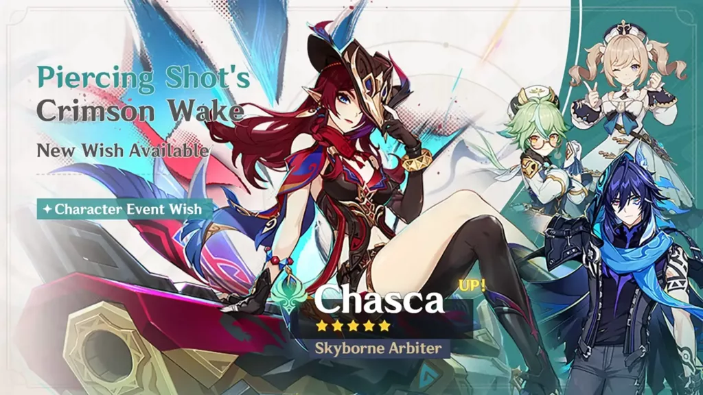 A screenshot of the Genshin Impact banner, Piercing Shot’s Crimson Wake.