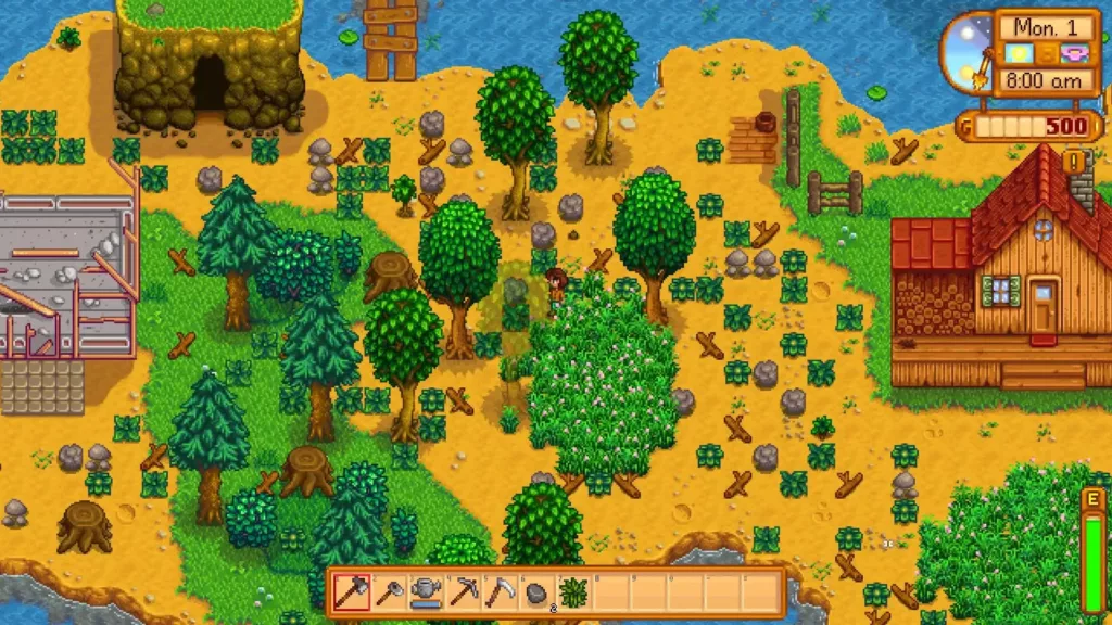 Screenshot of Riverland Farm in Stardew Valley game.