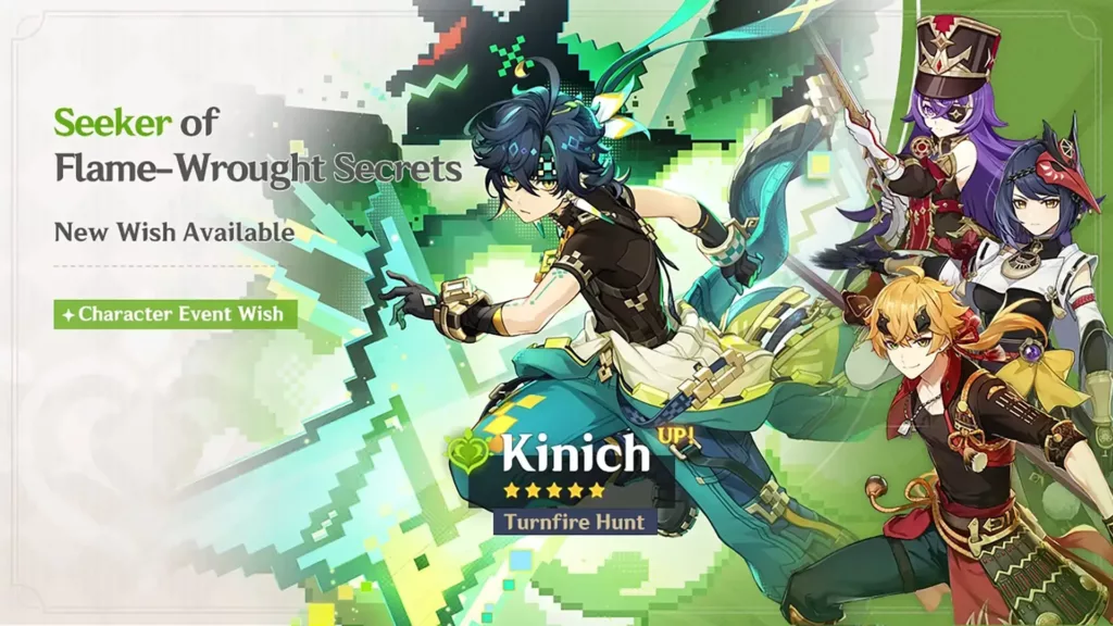 A screenshot of the Genshin Impact banner, Seeker of Flame-Wrought Secrets.