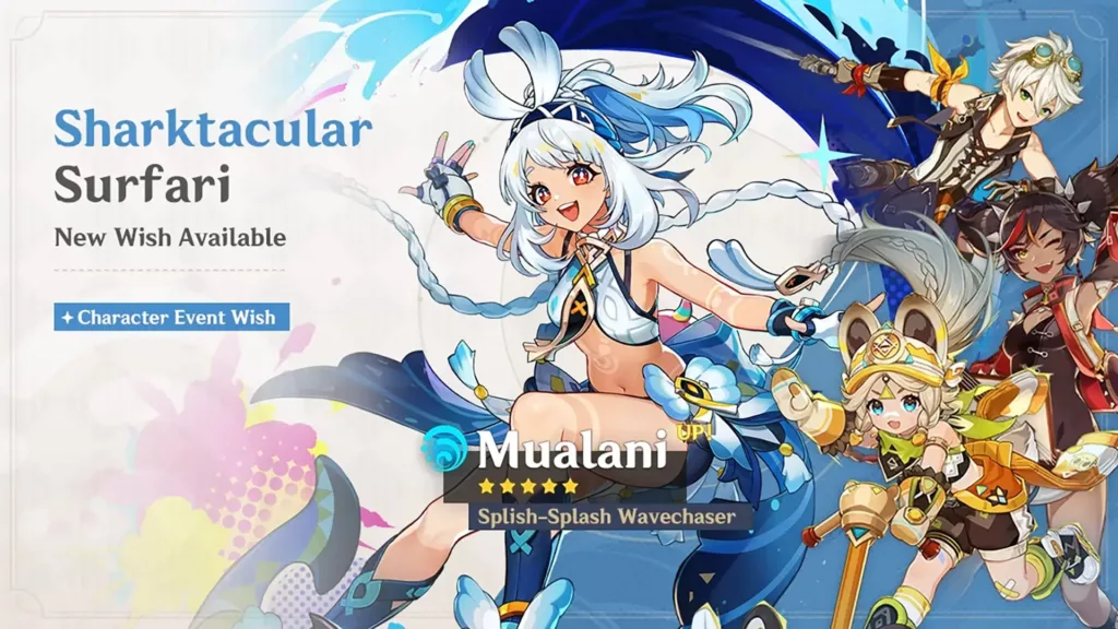 A screenshot of the Genshin Impact banner, Sharktacular Surfari