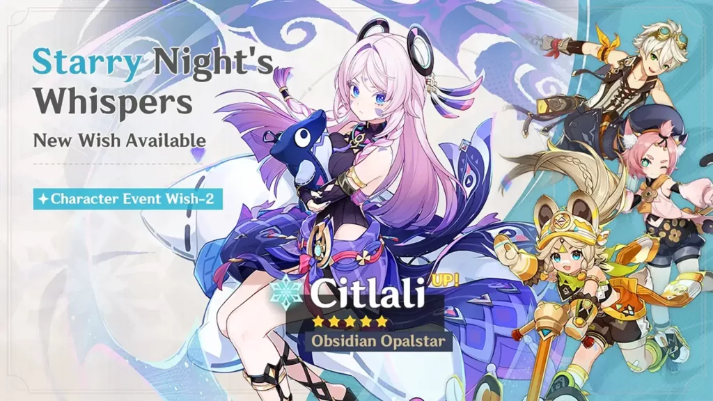 A screenshot of the Genshin Impact banner, Ancient Flame Ablaze and Starry Night’s Whispers.