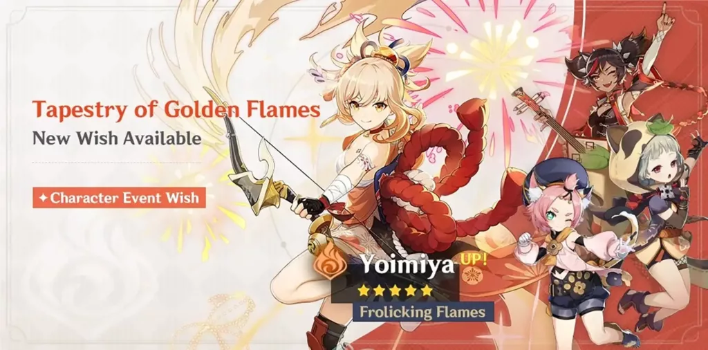 A screenshot of the Genshin Impact banner, Tapestry of Golden Flames.