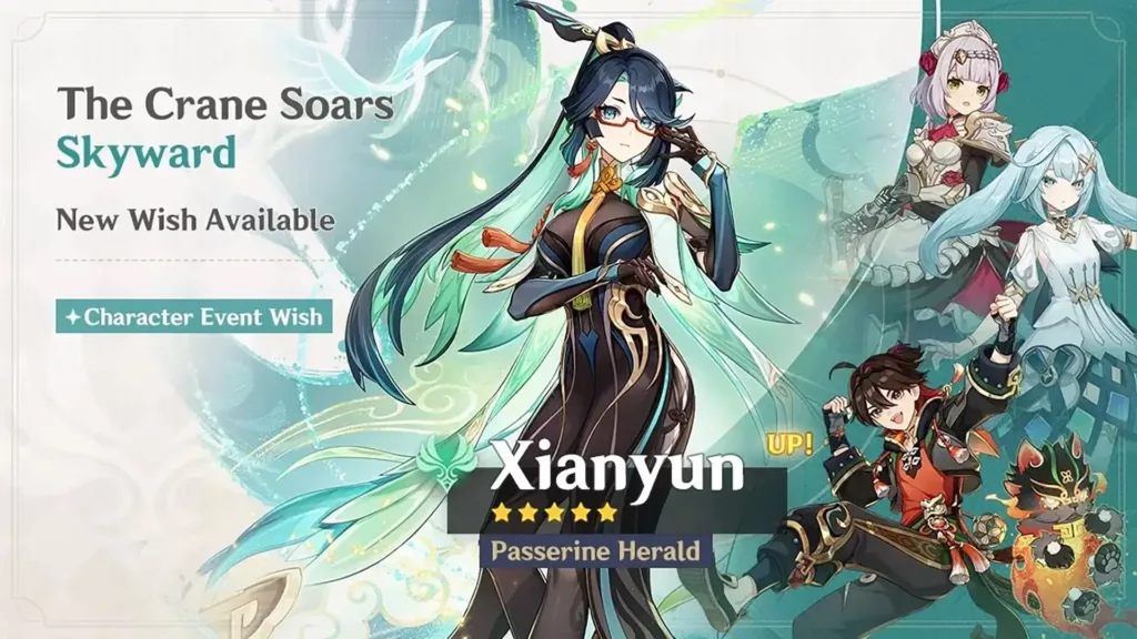 A screenshot of the Genshin Impact banner, The Crane Soars Skyward
