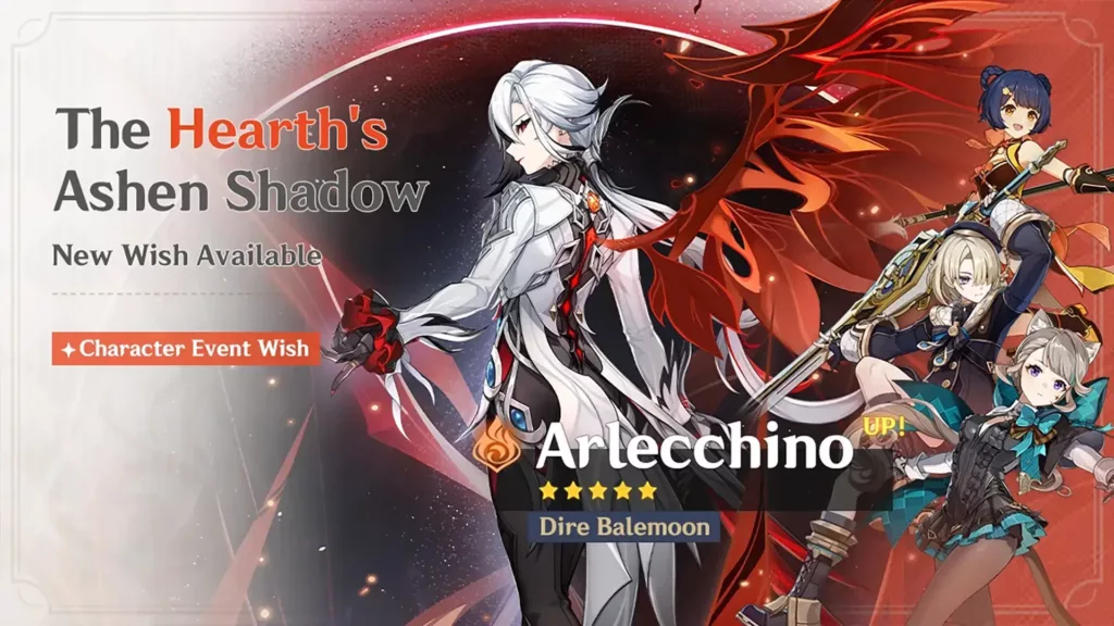 A screenshot of the Genshin Impact banner, The Hearth’s Ashen Shadow.