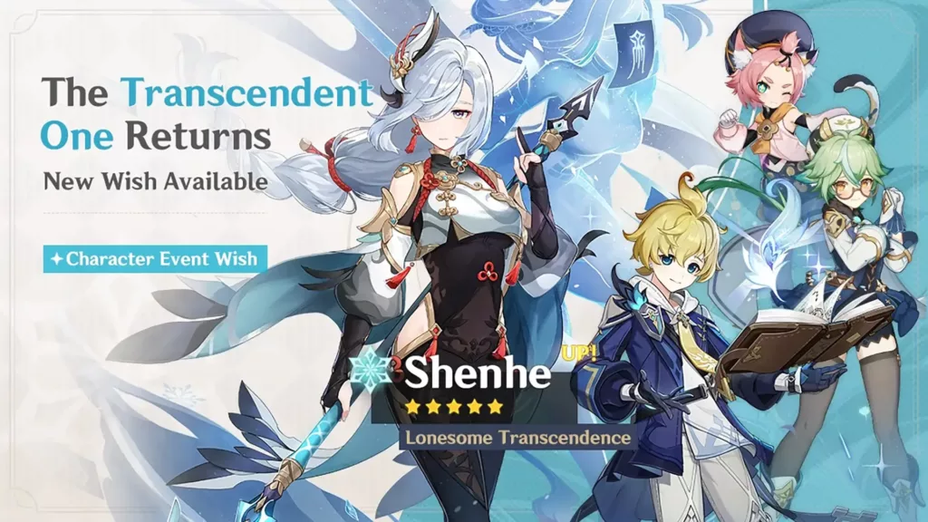 A screenshot of the Genshin Impact banner, The Transcendent One Returns.