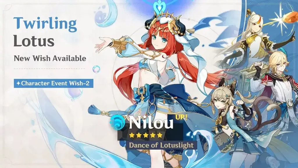 A screenshot of the Genshin Impact banner, Twirling Lotus