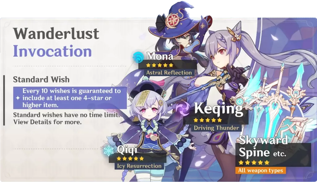 A screenshot of the Genshin Impact banner, Wanderlust Invocation.