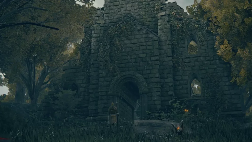 Screenshot of the Callu Baptismal Church in Elden Ring.