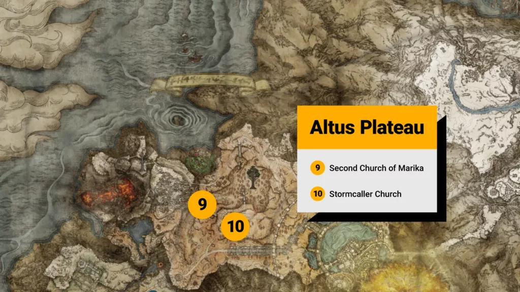 Elden Ring map with Altus Plateau sacred tear locations highlighted.