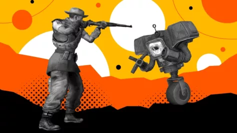 A New Vegas character, dressed in a cowboy hat and duster, aims a rifle at a robotic enemy set against a vibrant background.