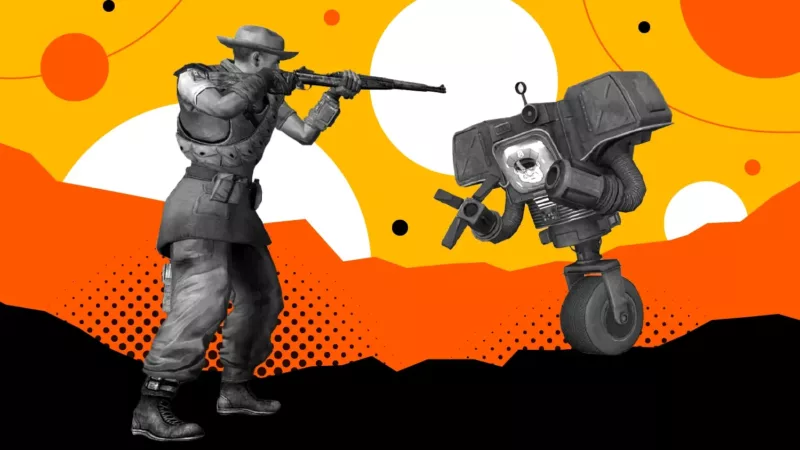 A New Vegas character, dressed in a cowboy hat and duster, aims a rifle at a robotic enemy set against a vibrant background.