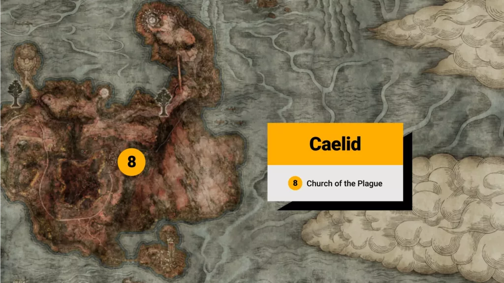 Elden Ring map with Caelid sacred tear locations highlighted. 