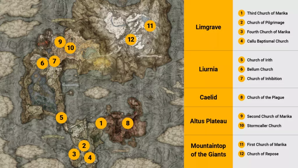 Elden Ring map with Sacred Tear locations