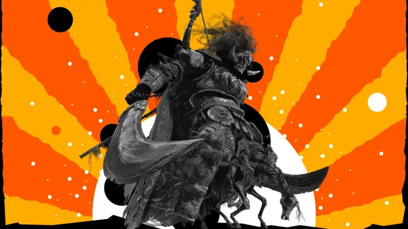 Radahn from Elden Ring, grayscale, with an orange and yellow sunburst background.