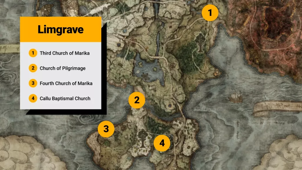 Elden Ring map with Limgrave sacred tear locations highlighted.