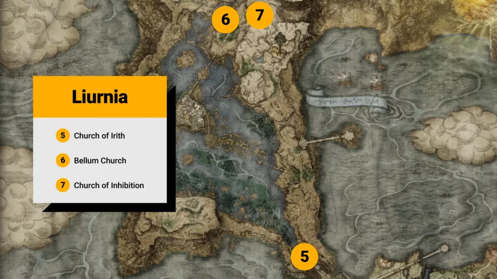 Elden Ring map with Liurnia sacred tear locations highlighted.