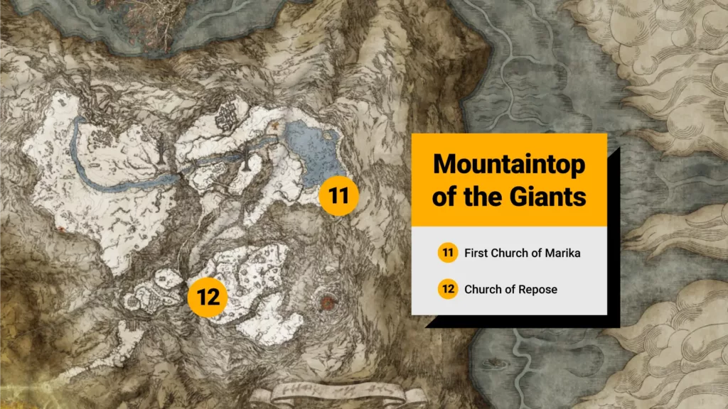 Elden Ring map with Mountaintop of the Giants sacred tear locations highlighted.