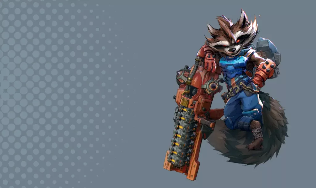 Character image of Rocket Raccoon from Marvel Rivals. 